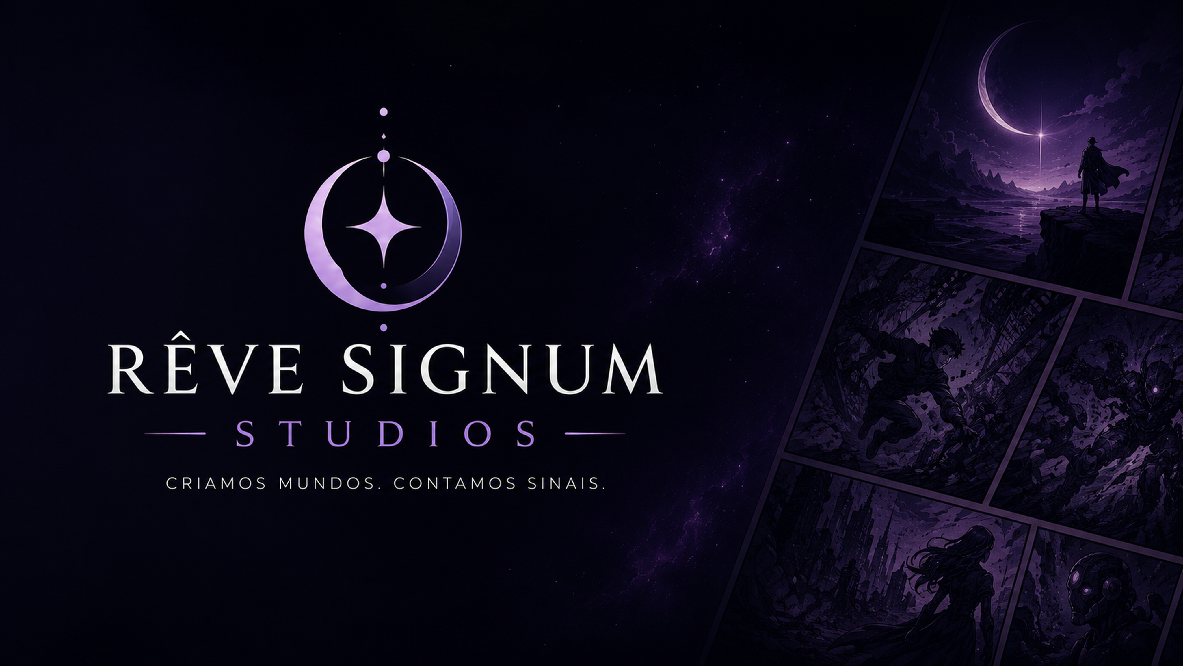 Rêve Signum Studios. Criamos mundos. Contamos sinais. Arte em tons cósmicos de violeta, com lua crescente e páginas de quadrinhos.